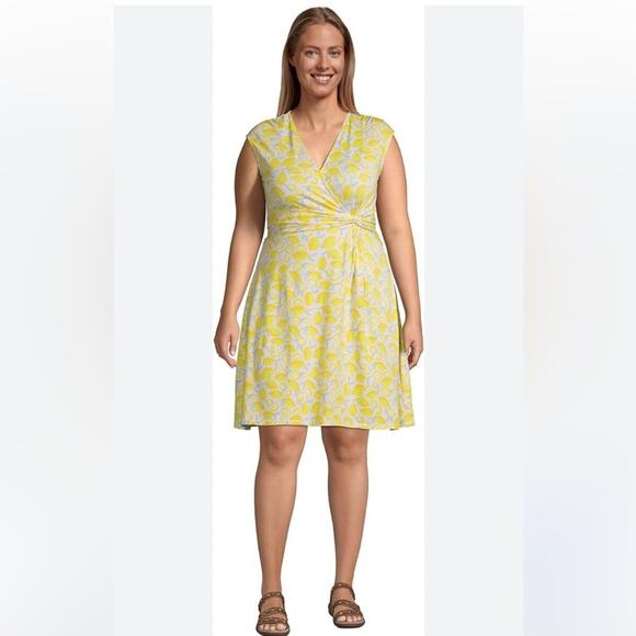 Lands' End Dresses & Skirts - Lands end surplice lemon printer knit dress faux wrap summer sleeveless bright L